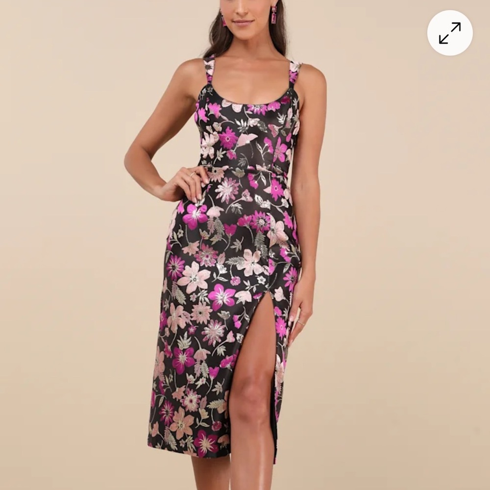 Lulu's Black and Pink Floral Midi Dress